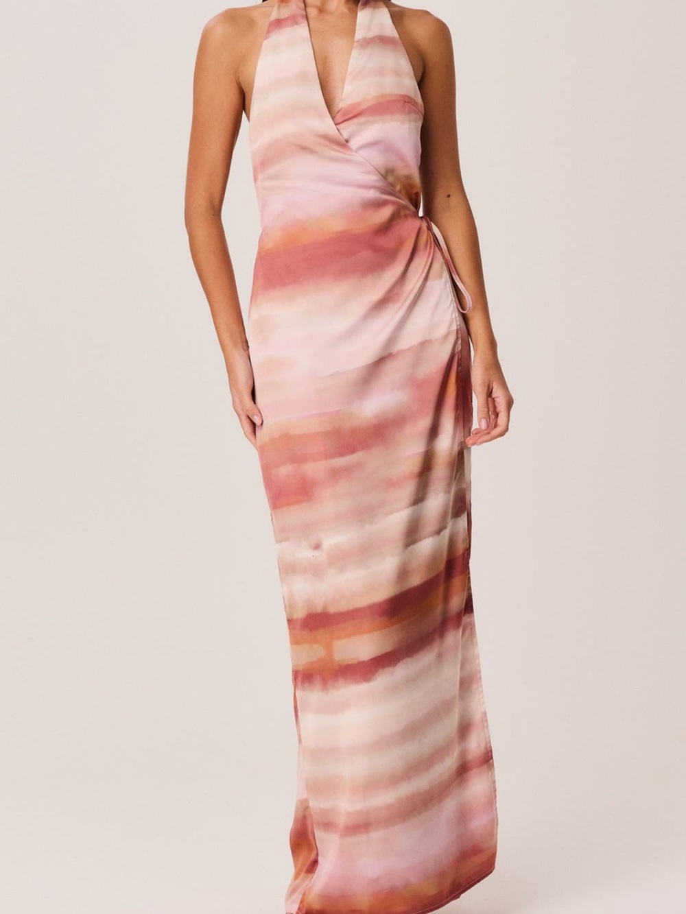 Halter Wrap Maxi Dress in Pink Watercolor Stripe